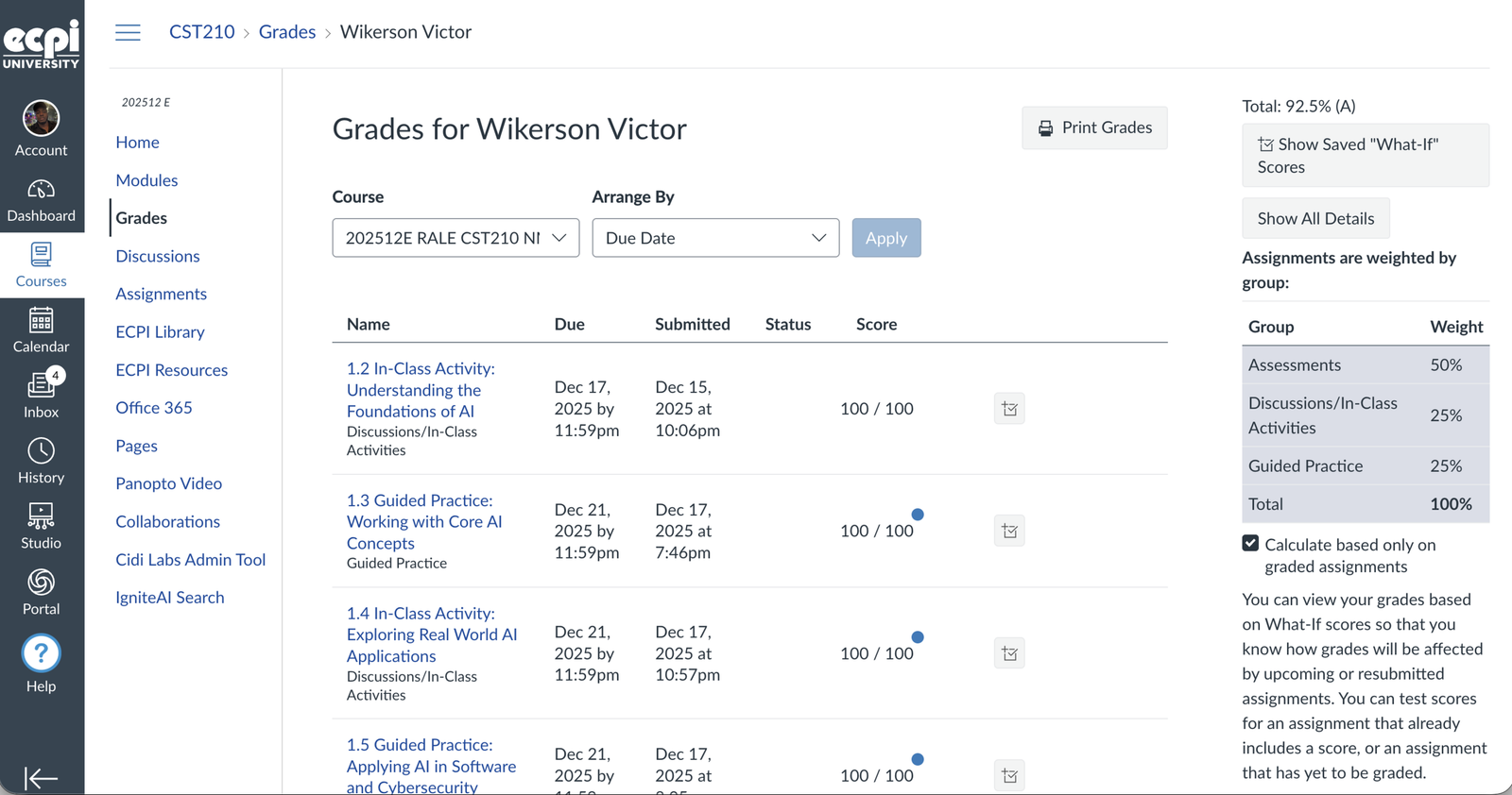 Canvas Grades 92.50%