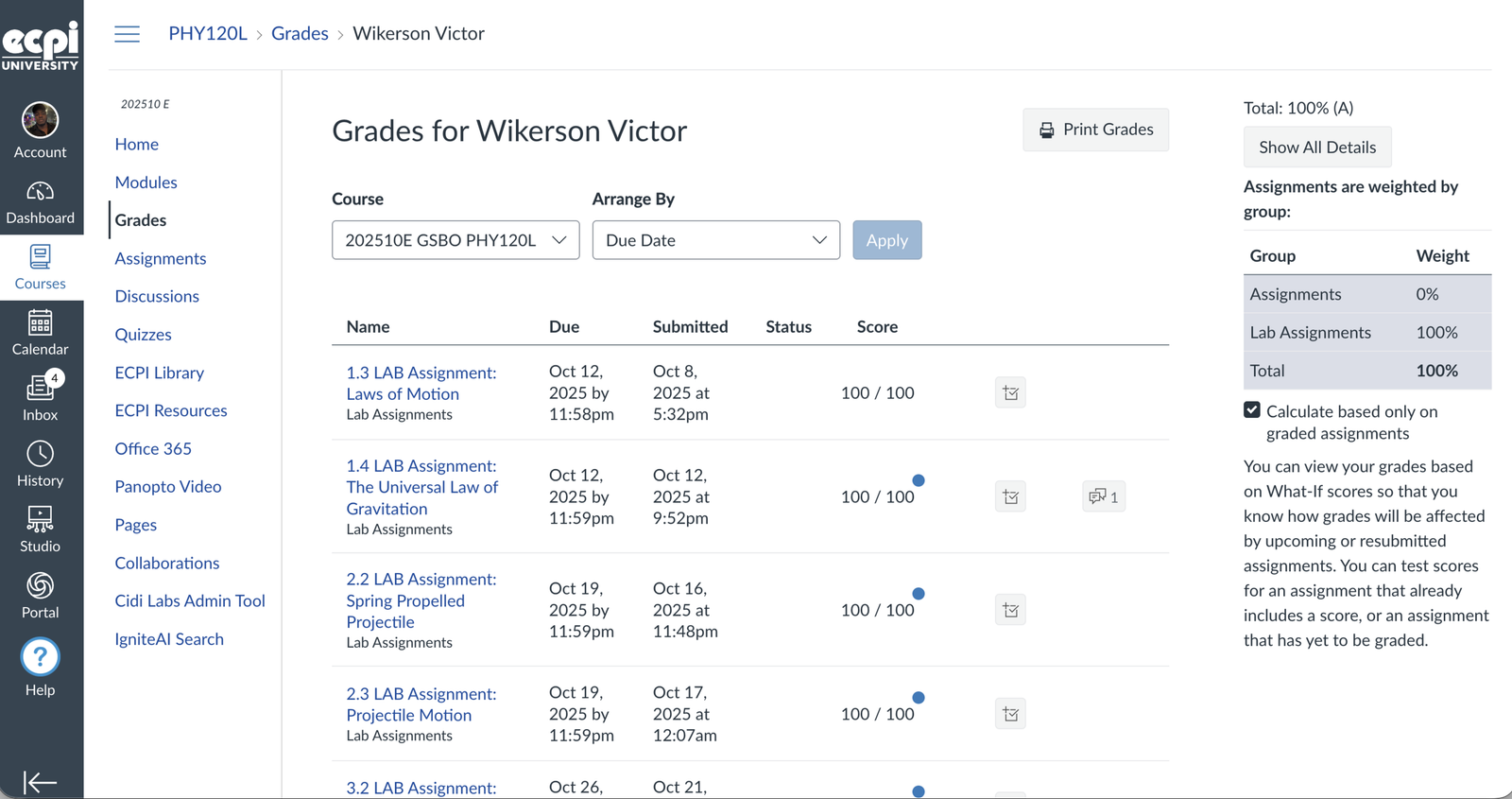 Canvas Grades 100%