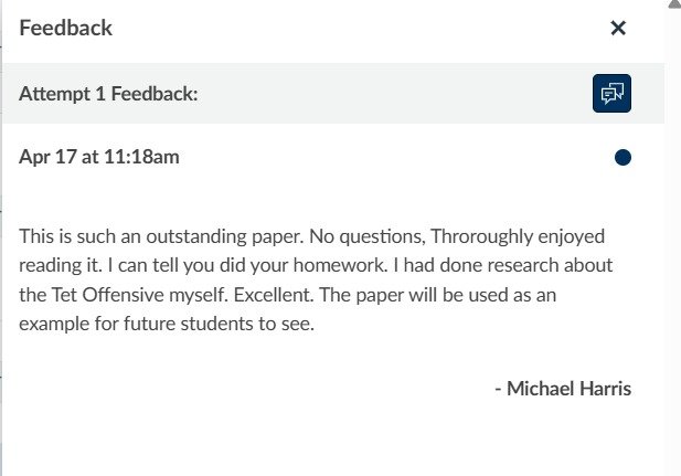 Professor feedback praising an outstanding, well-researched paper