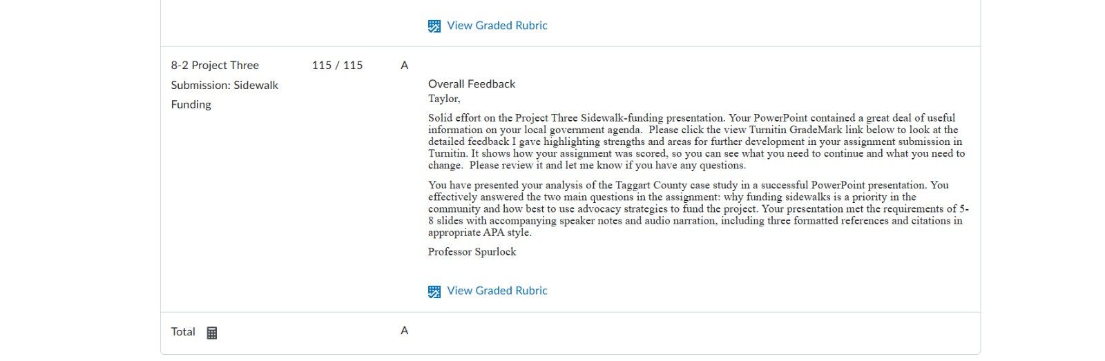 Professor feedback rating a project presentation 115 out of 115