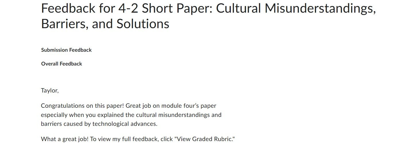 Professor feedback congratulating strong analysis of cultural misunderstandings