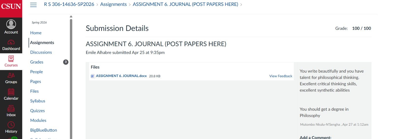 Professor feedback rating a journal submission 100 out of 100