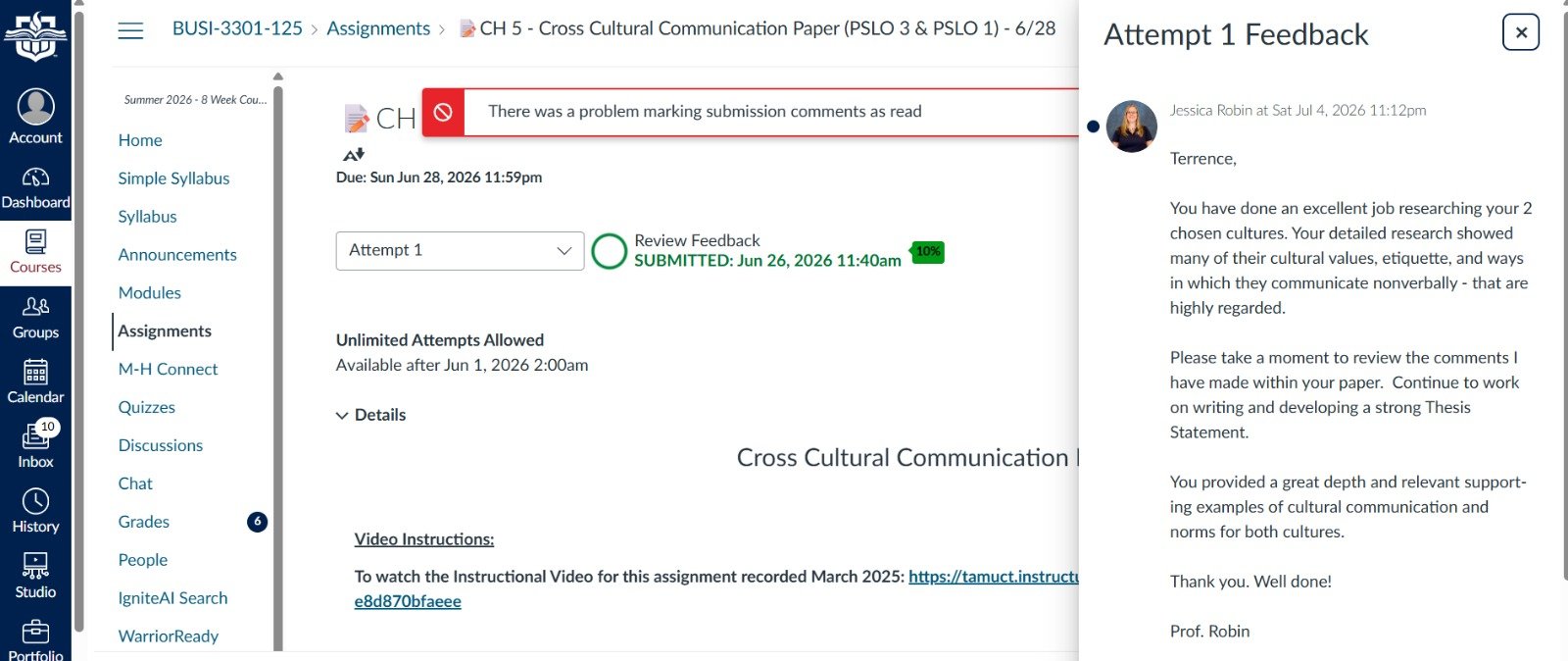 Professor feedback praising thorough cross-cultural research